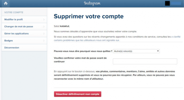 supprimer un compte Instagram